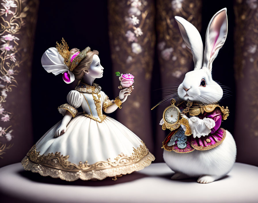 Stylized Alice in Wonderland with White Rabbit and cupcake