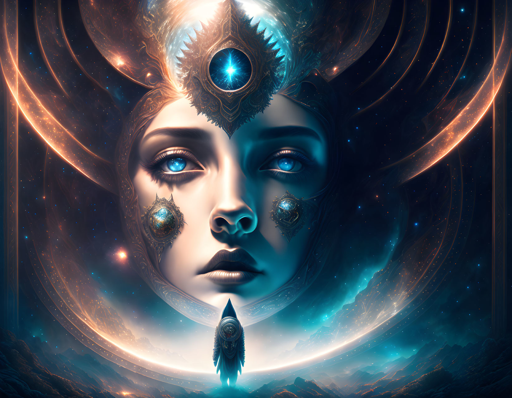 Cosmic-themed surreal portrait of a woman with celestial jewelry in starry night sky