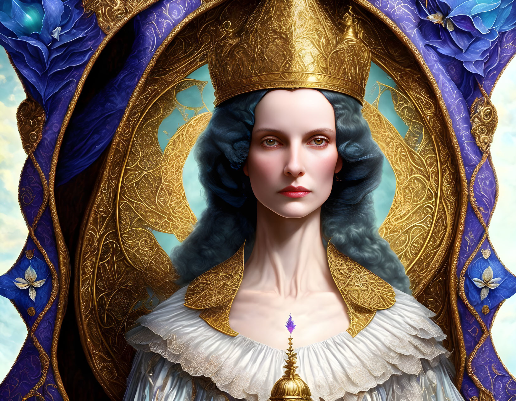 Regal woman in golden crown and ornate robes with celestial motif and blue flowers.