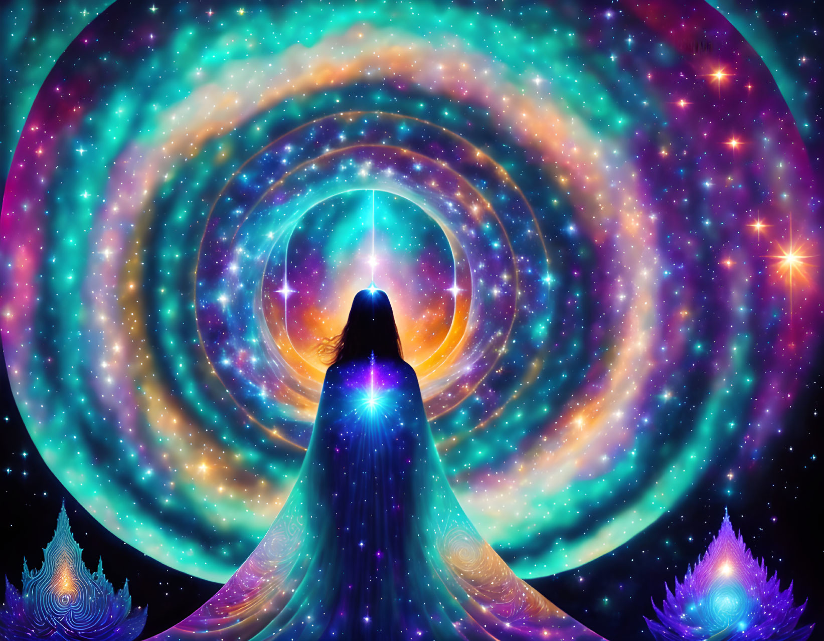 Silhouette of person in front of cosmic vortex with swirling colors and stars