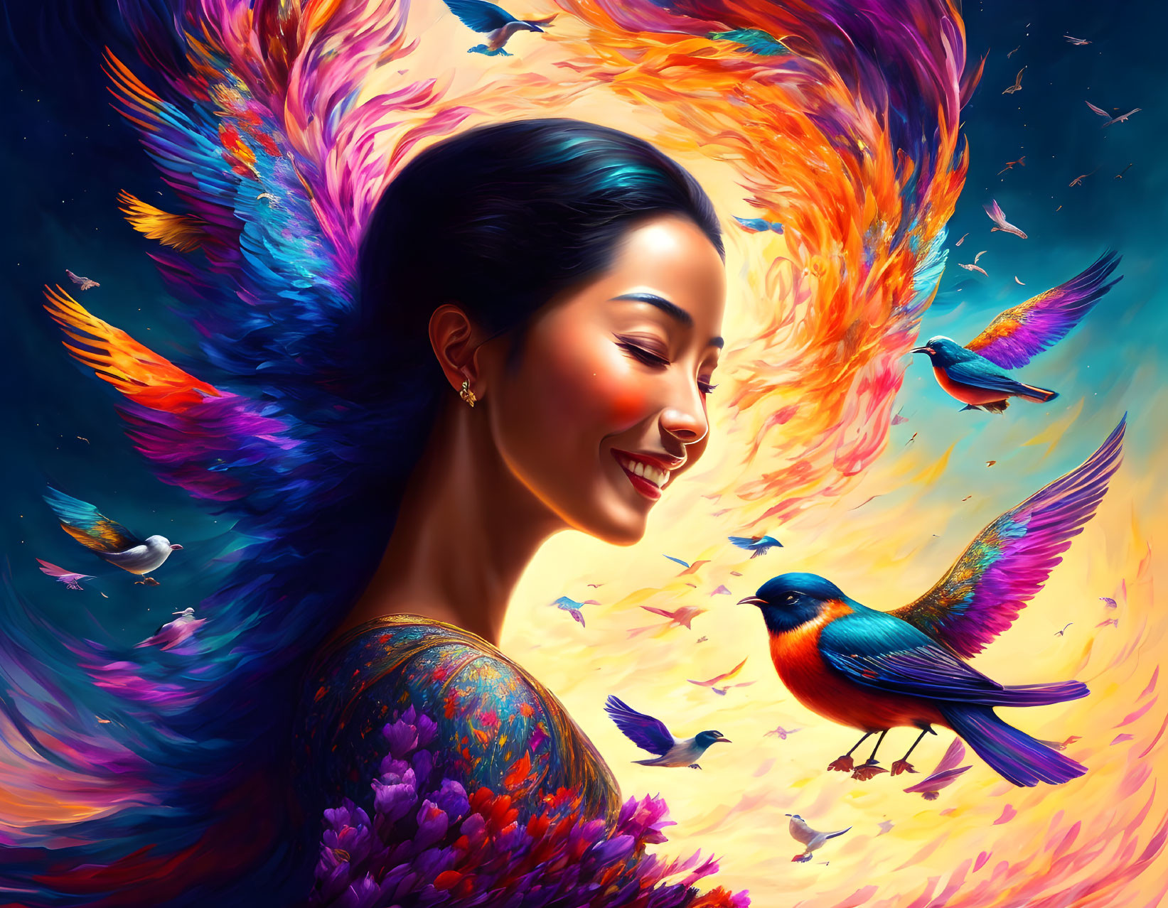 Colorful artwork: Smiling woman with swirling feathers and birds