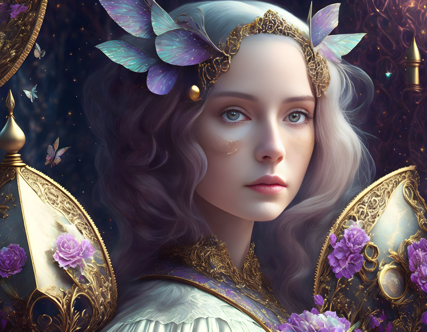 Fantasy-themed portrait of a woman with elfin features and golden leaf crown