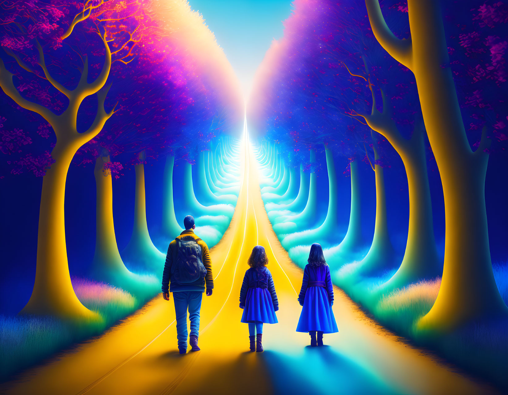 Vibrant mystical forest with glowing tree outlines and luminous pathway
