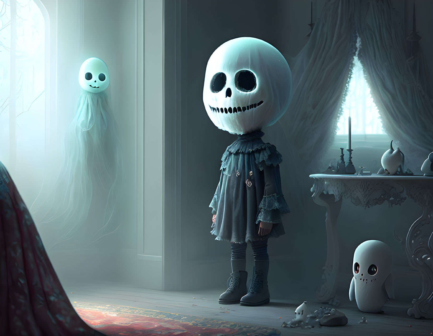 Child with large skull head in dark room with ghostly figures & scattered skulls