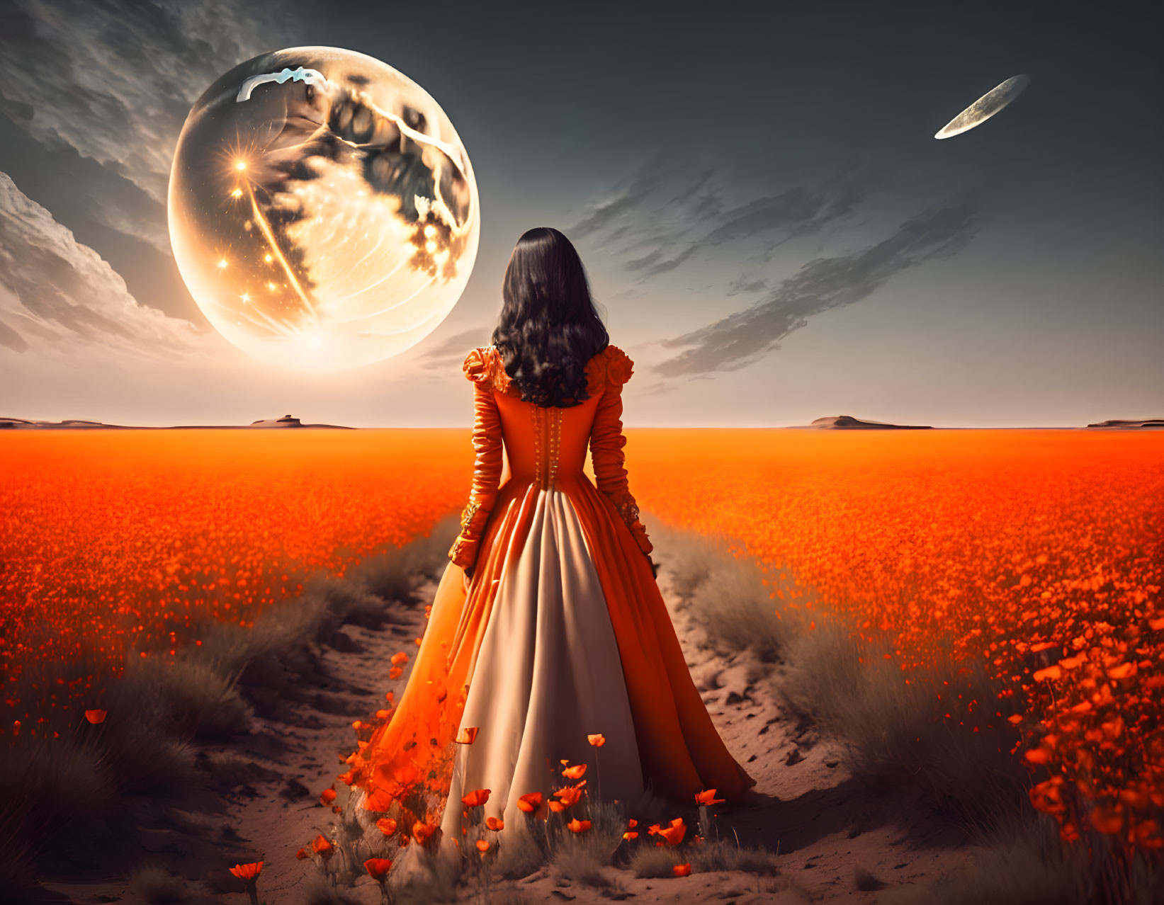 Woman in ornate dress under surreal sky with moon and UFO in red field