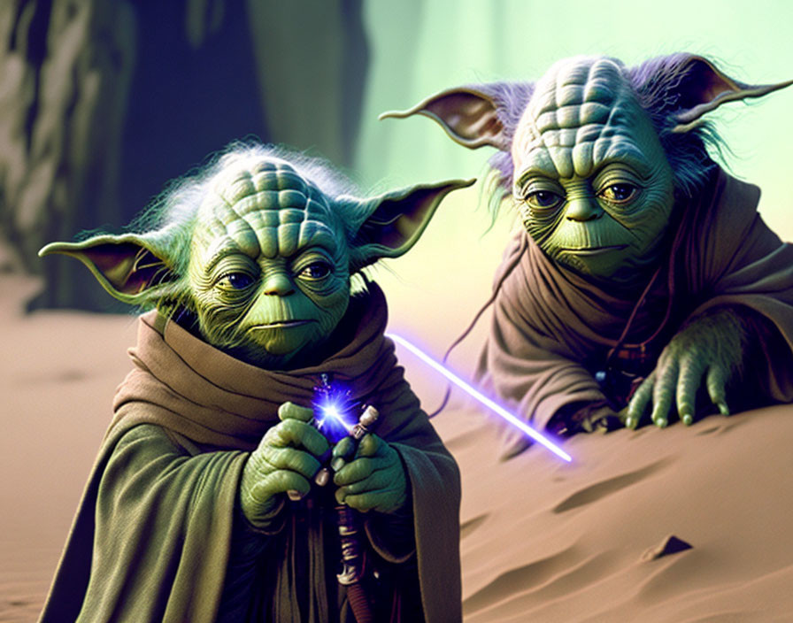 Two Yoda characters with lightsabers in desert setting