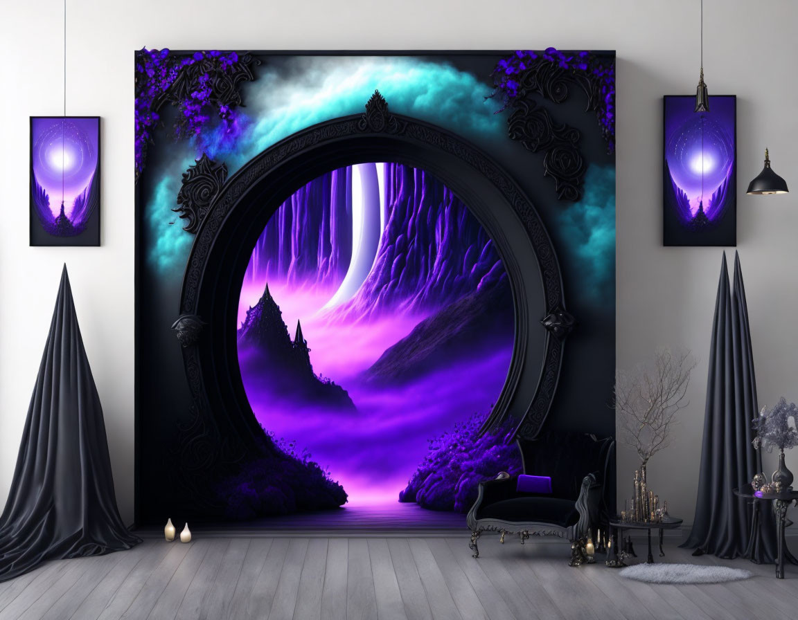 Surreal room with large portal frame to vibrant purple landscape