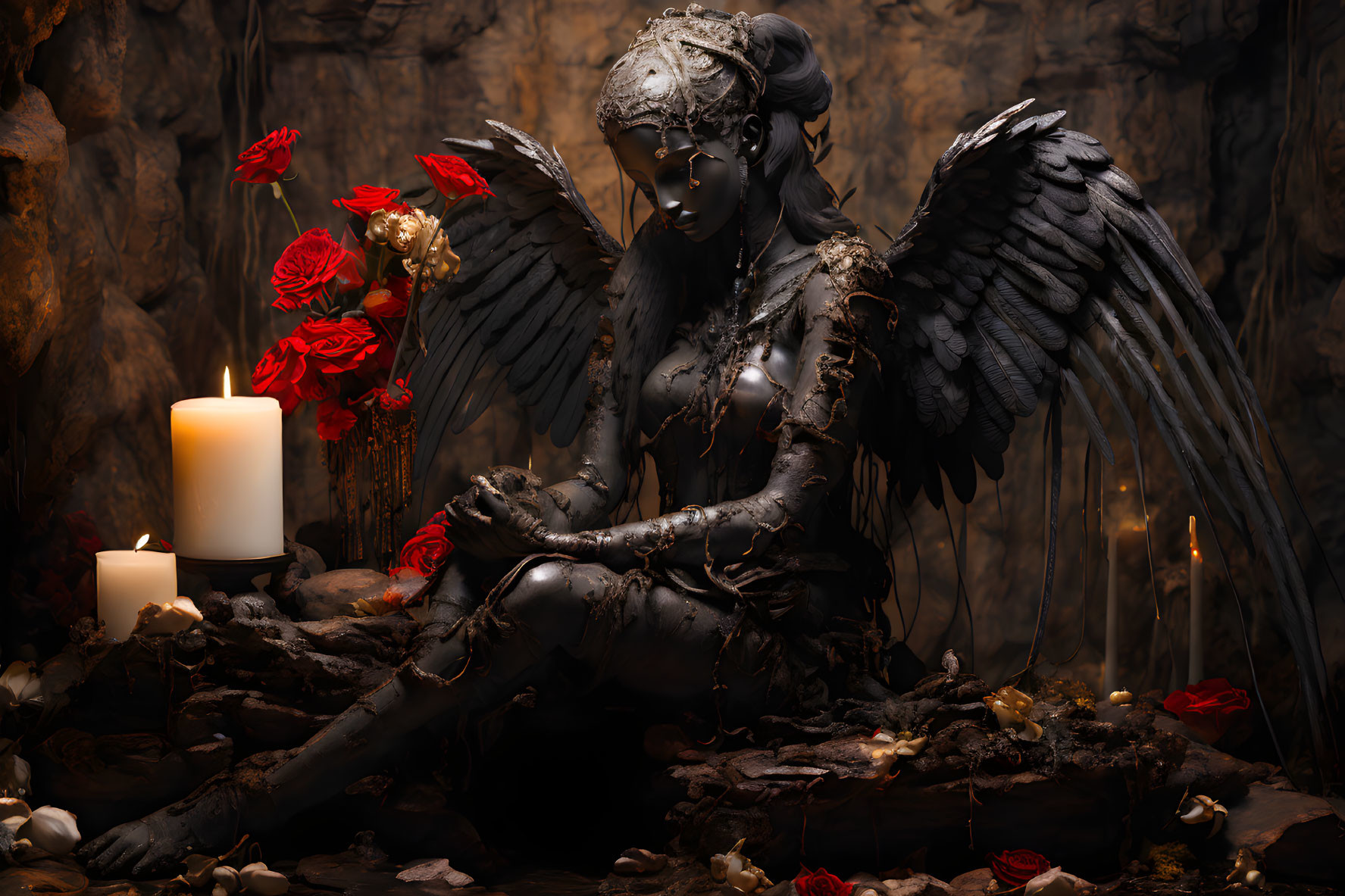 Gothic angel statue with wings, surrounded by candles and red roses