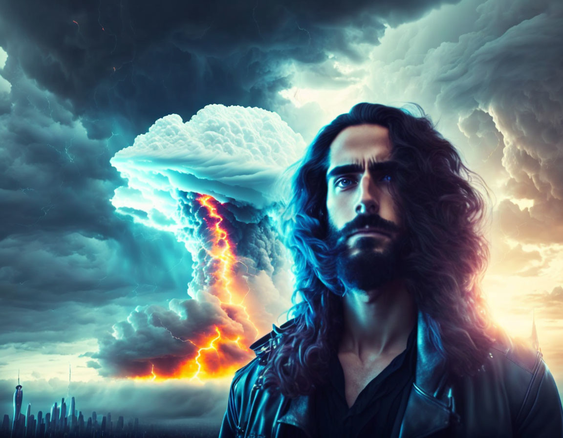 Bearded man with long hair gazes at stormy city skyline