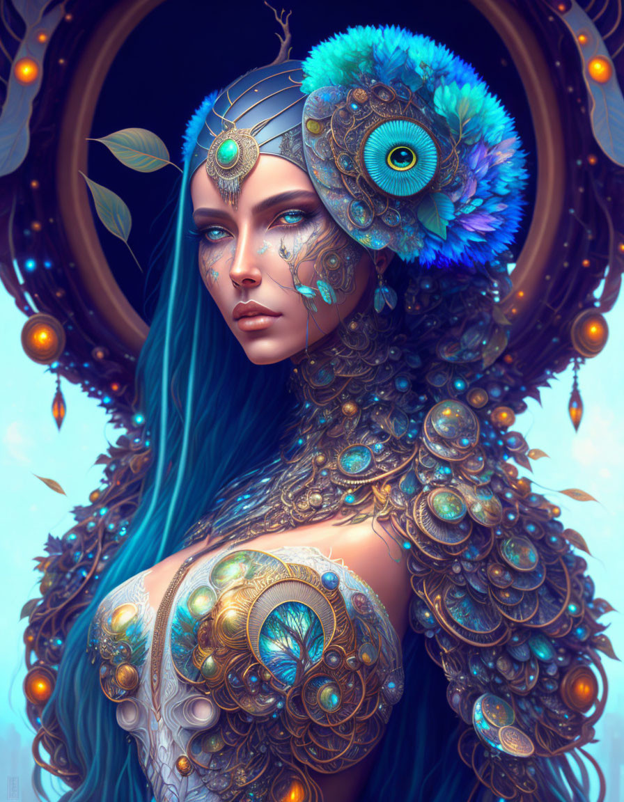 Digital Artwork: Woman with Blue Hair and Peacock Feathers