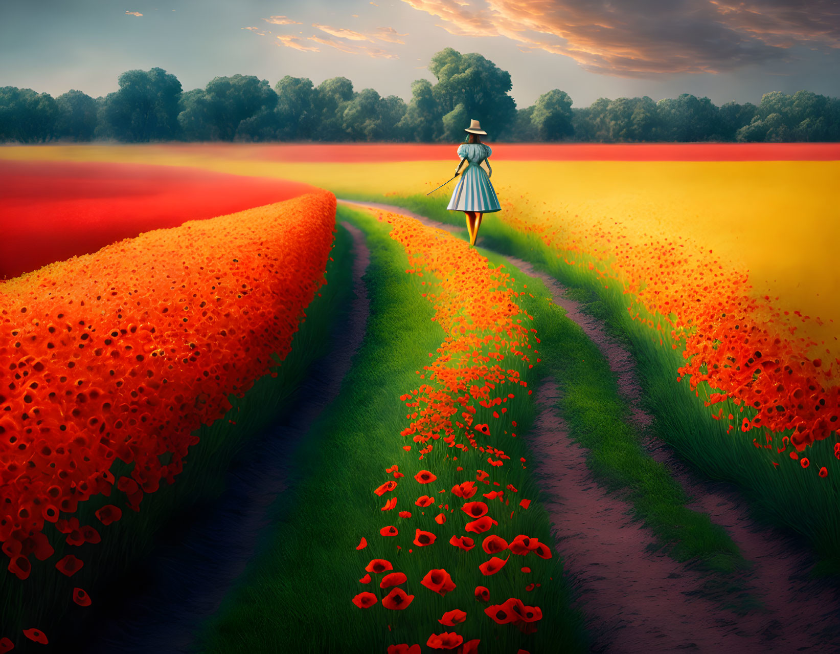 Person walking through colorful flower fields at sunset