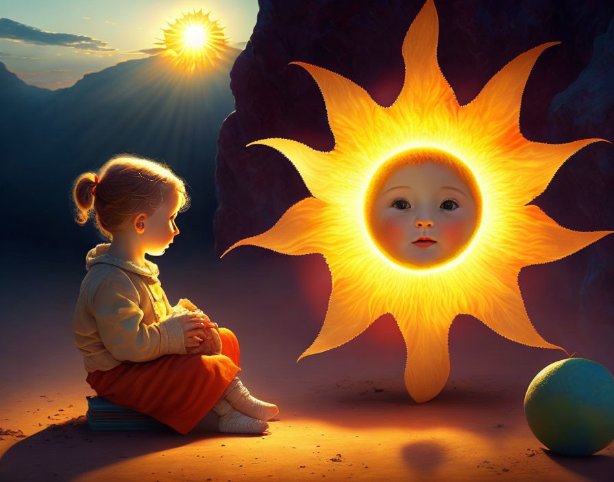 Child facing stylized sun with human face in rocky landscape at sunset