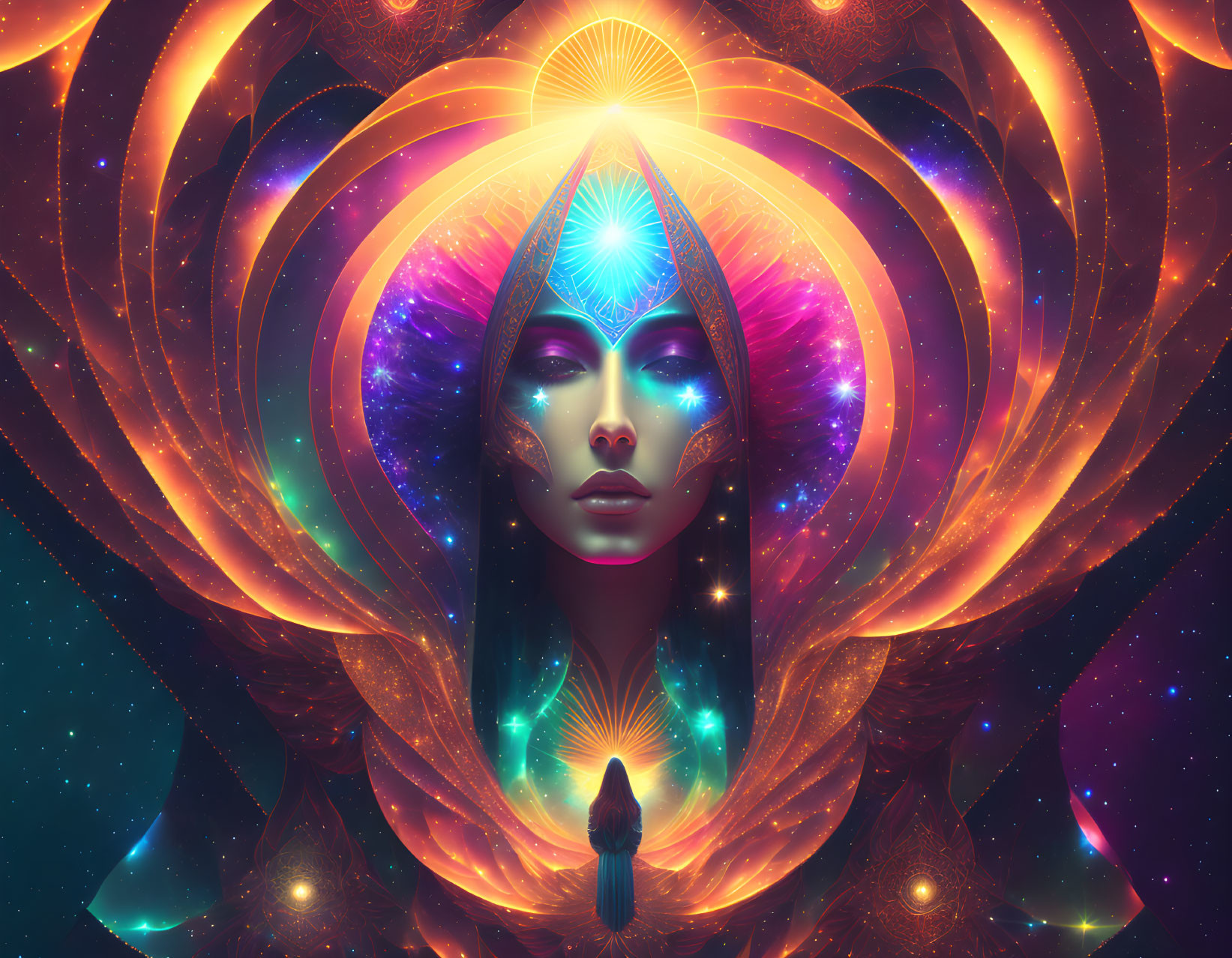 Colorful digital artwork: Woman's face with cosmic, psychedelic elements