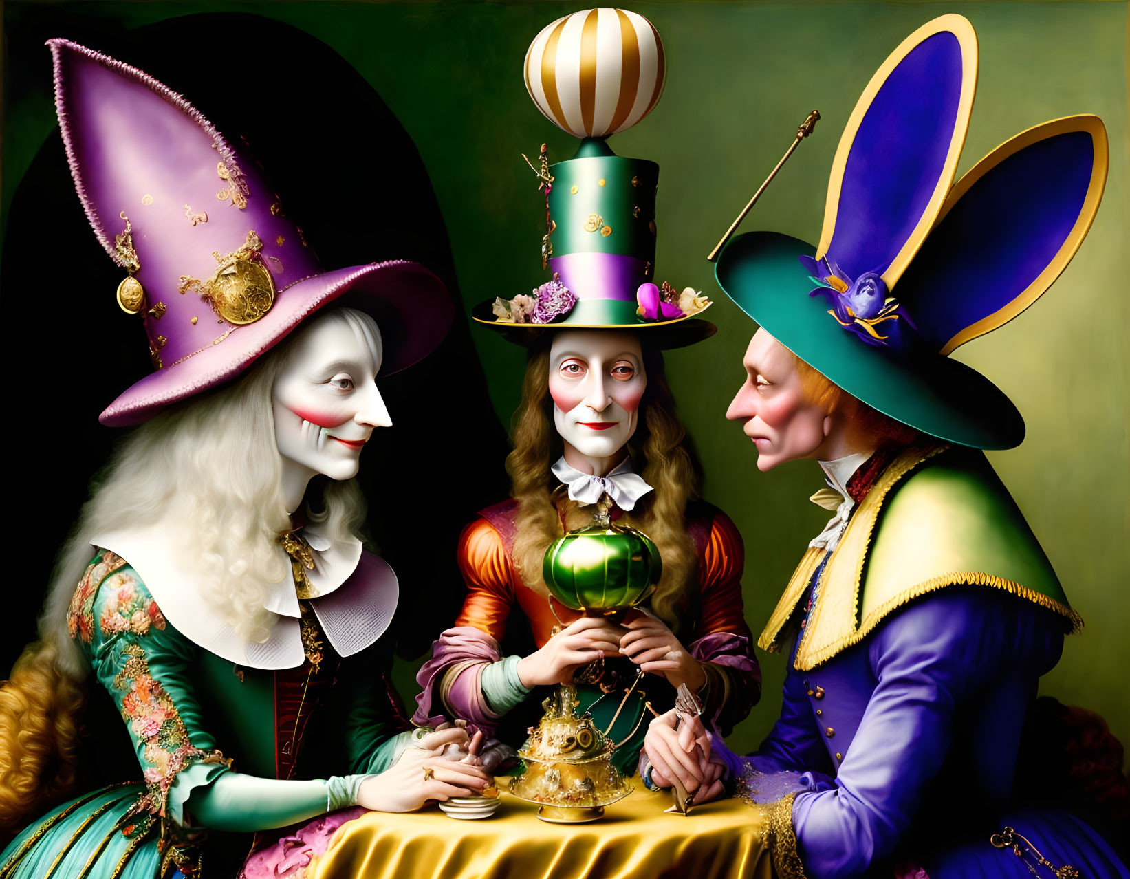 Whimsical characters with elaborate hats holding a green orb in fantastical setting