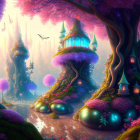 Fantasy landscape with whimsical treehouses and glowing orbs.