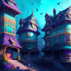 Whimsical Fantasy Buildings and Flying Creatures in Colorful Scene