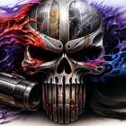 Metallic skull with sword in swirling smoke on dramatic background.