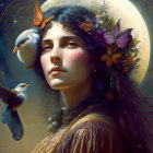 Fantasy portrait of woman with nature elements and moon.