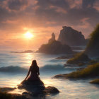 Tranquil sunset seascape with woman on rock, gentle waves, and misty mountains