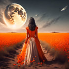 Woman in ornate dress under surreal sky with moon and UFO in red field