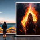 Large framed art piece of woman gazing into fiery landscape.