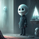 Child with large skull head in dark room with ghostly figures & scattered skulls