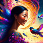 Colorful artwork: Smiling woman with swirling feathers and birds