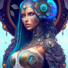 Digital Artwork: Woman with Blue Hair and Peacock Feathers