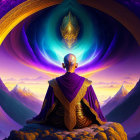 Bald figure in purple robes meditates by cosmic portal and emblem