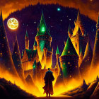 Enchanted castle under starry night with cloaked figure and full moon