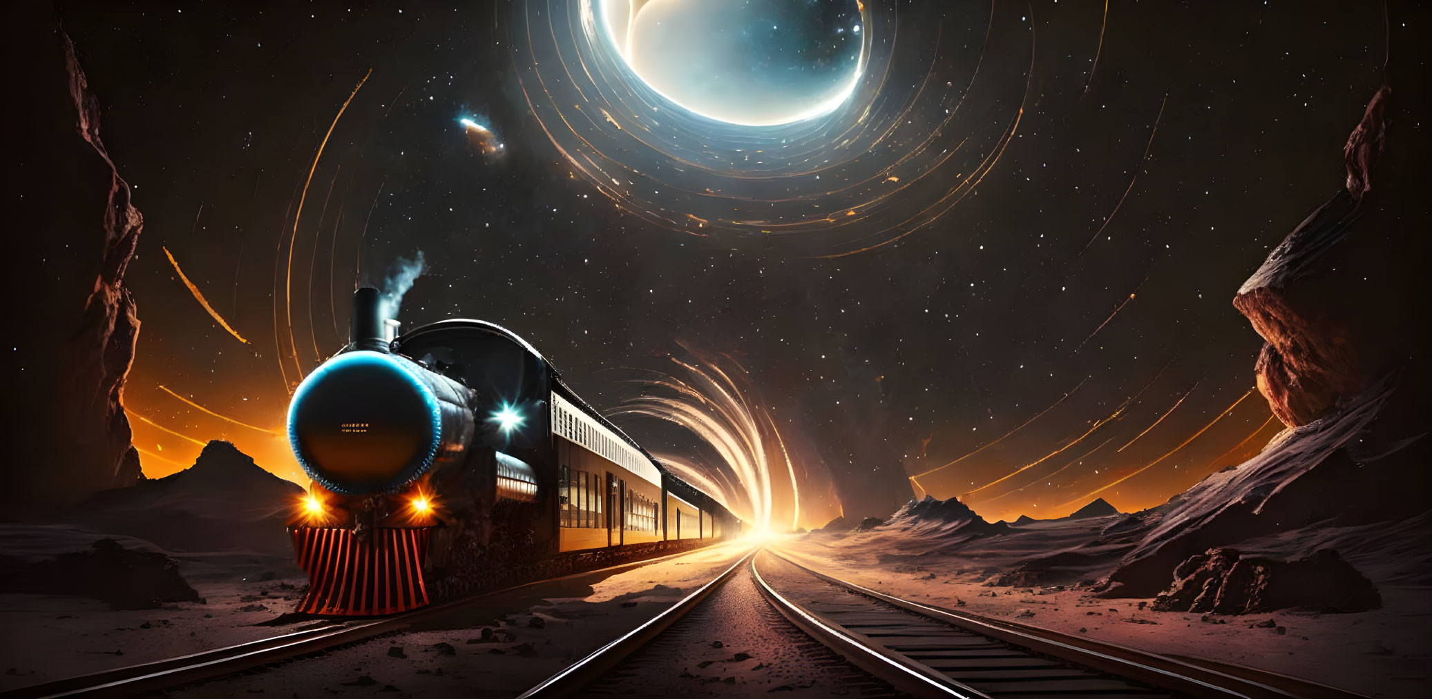 Steam train in alien desert landscape under swirling galaxy