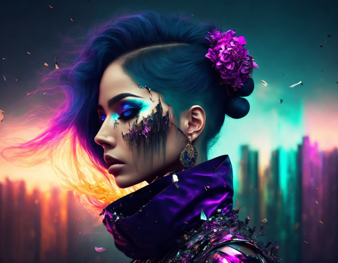 Vibrant blue hair woman portrait with dramatic makeup and flower in abstract cityscape