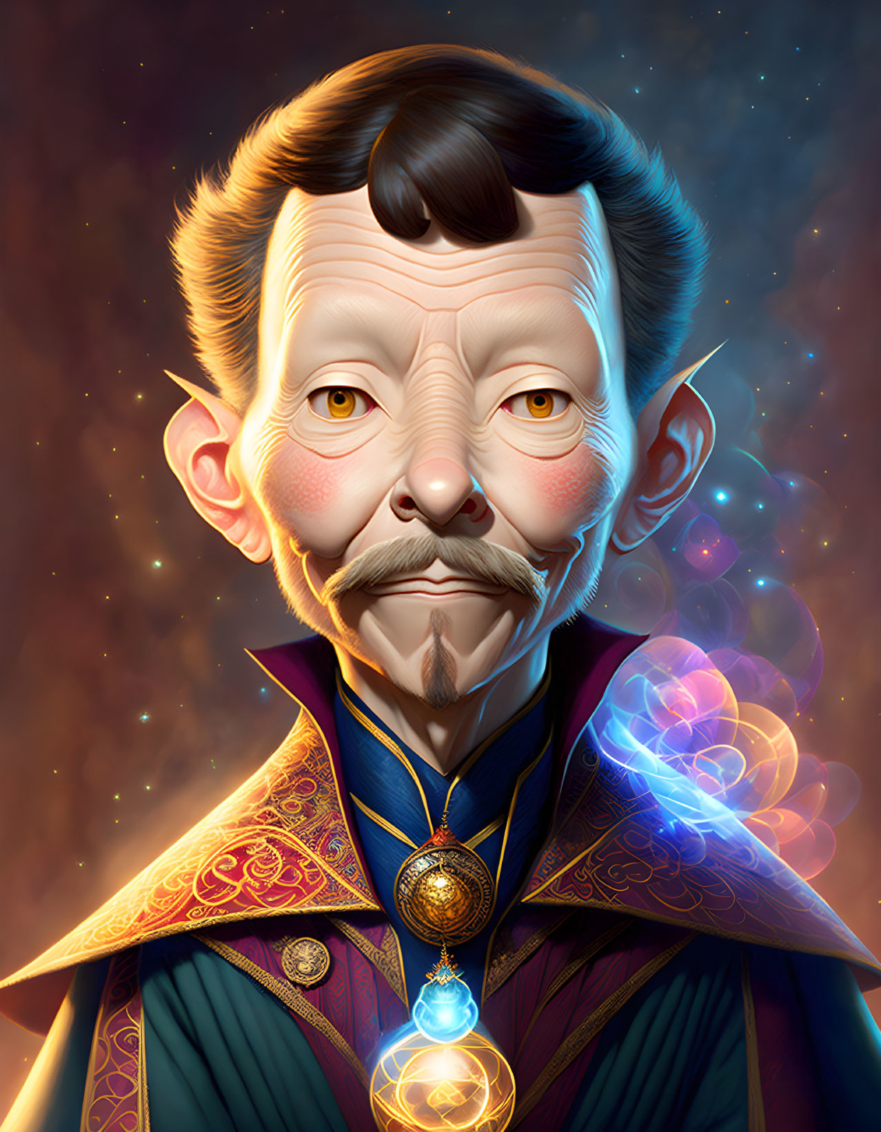 Fantastical character with pointed mustache in regal attire against starry backdrop