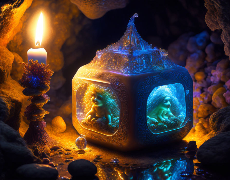 Blue Glowing Lantern and Candle on Dark Rock Background