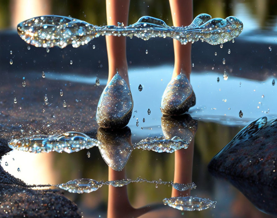 Slender bird legs with water droplets reflected on water surface.