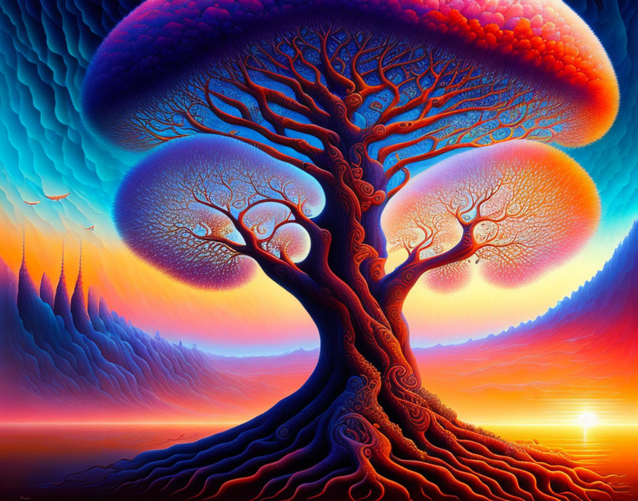 Colorful surreal landscape with central tree and radiant sunset.