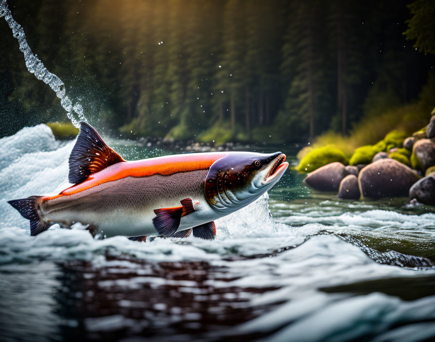 Salmon leaping in river against forest backdrop