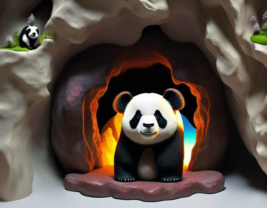 Giant panda in cave with warm glow and smaller pandas.