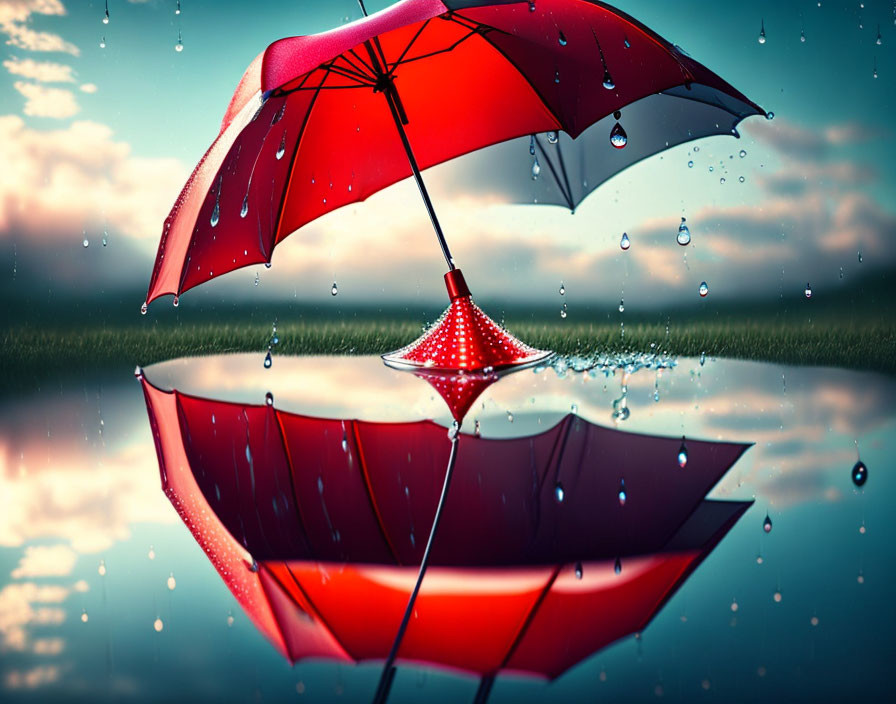 Red umbrella reflection on water with falling droplets and cloudy sky