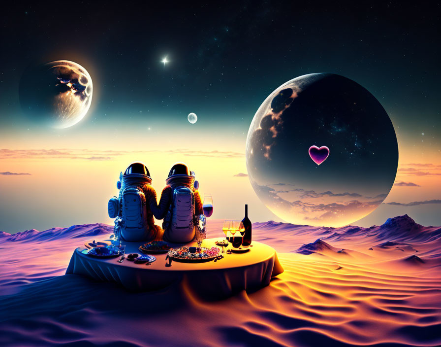 Astronauts sharing romantic meal on sandy planet under starry sky