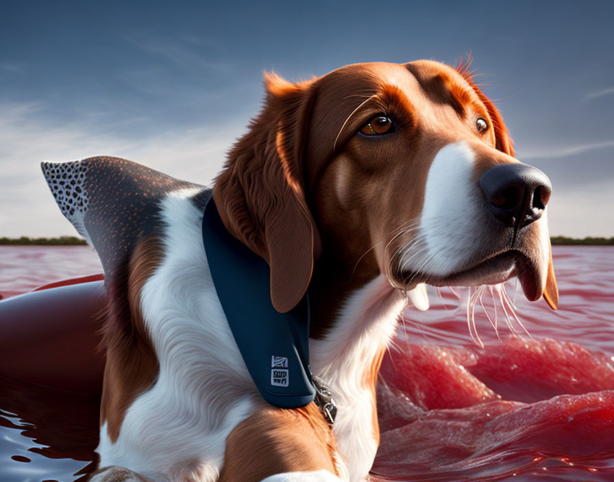 Brown and White Dog Floating in Water with Shark Fin Under Cloudy Sky