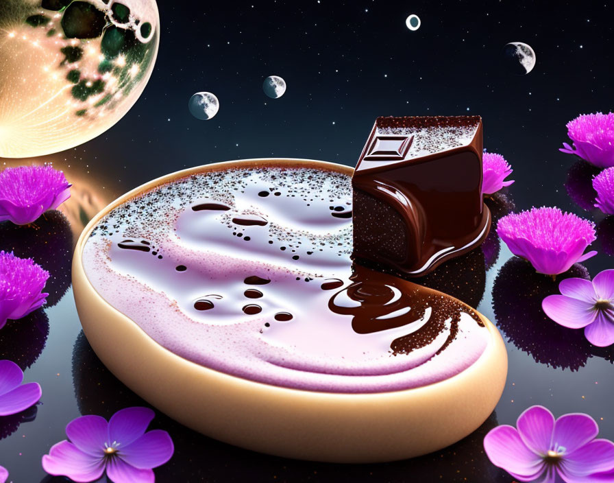 Chocolate melting on biscuit in space with pink flowers and planets.