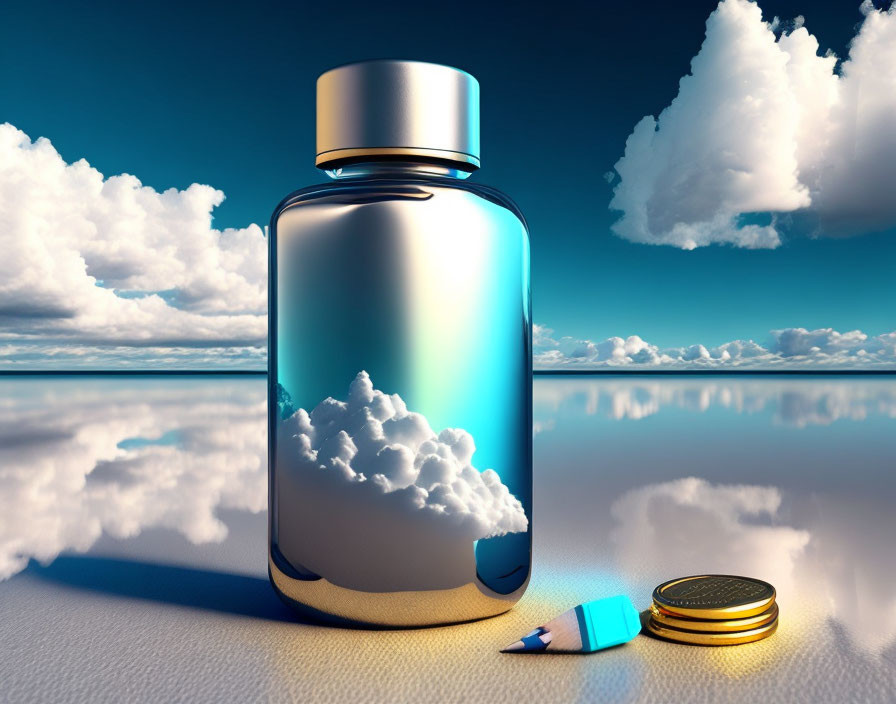 Surreal image of jar with captured clouds on reflective surface