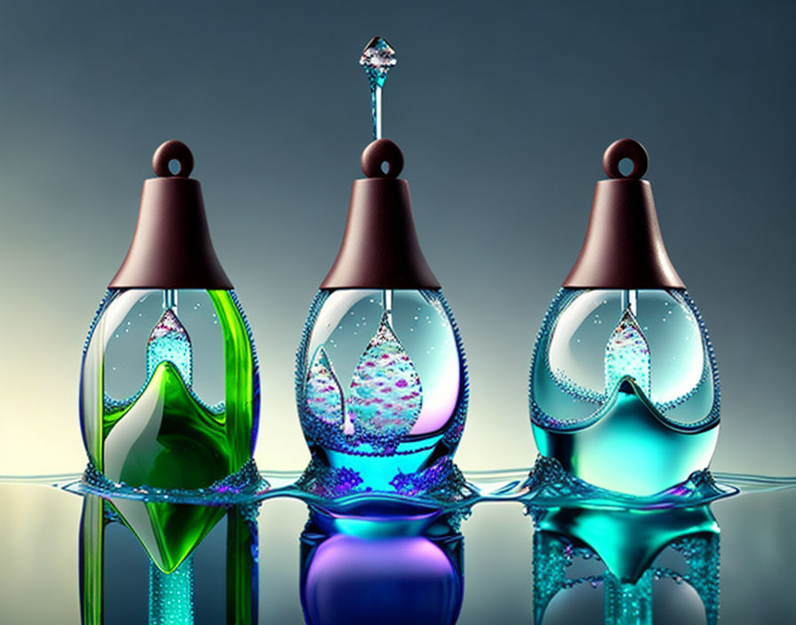 Colorful Glass Perfume Bottles on Reflective Surface