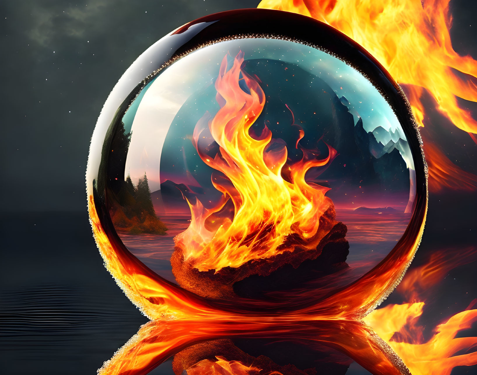 Crystal Ball Showing Fiery Landscape and Serene Mountains