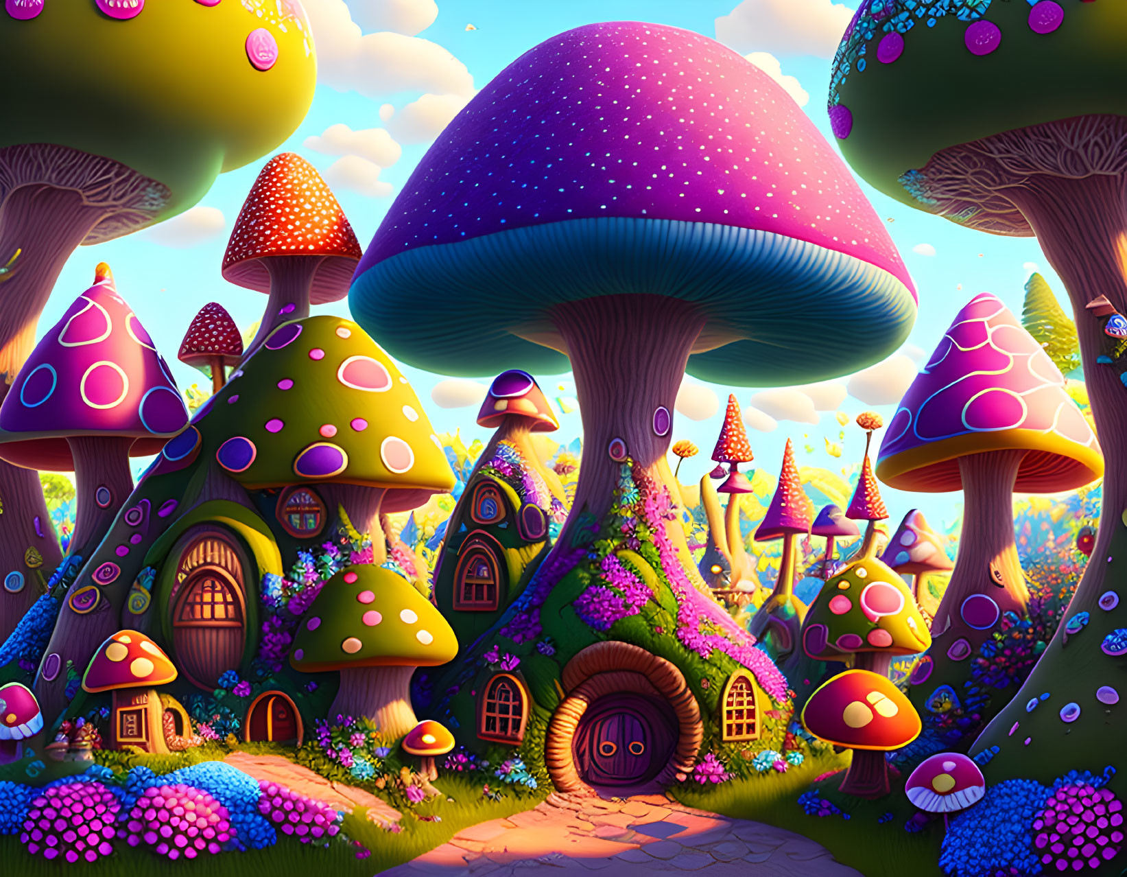 Colorful Mushroom Houses in Lush Landscape