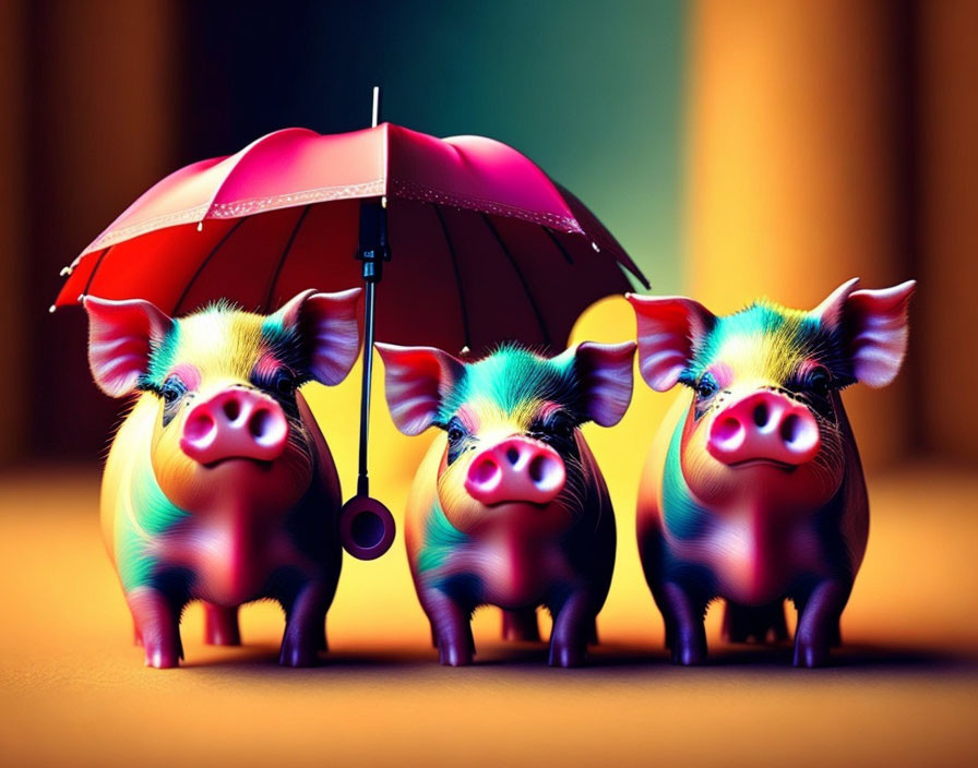 Colorful animated pigs under red-black umbrella on gradient background