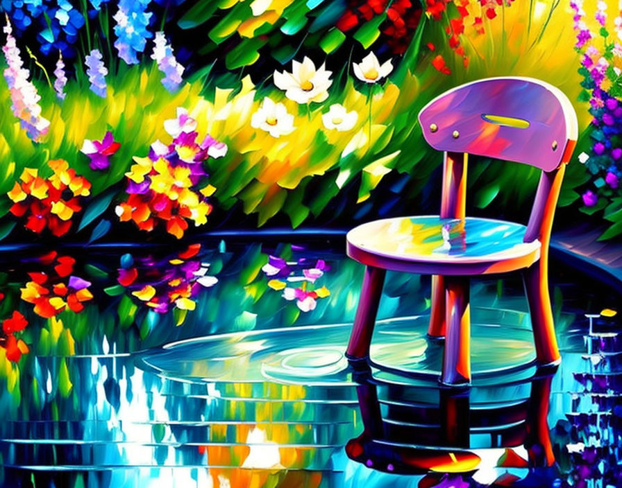 Colorful digital painting: Whimsical chair reflected in water among blooming flowers