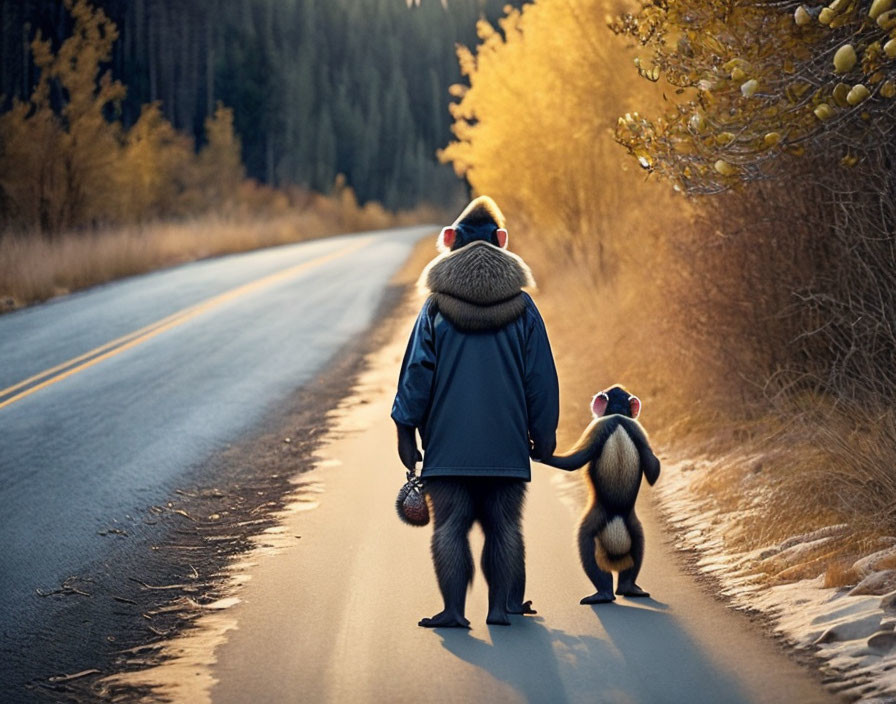 Person and baboon walking hand in hand on tranquil tree-lined road