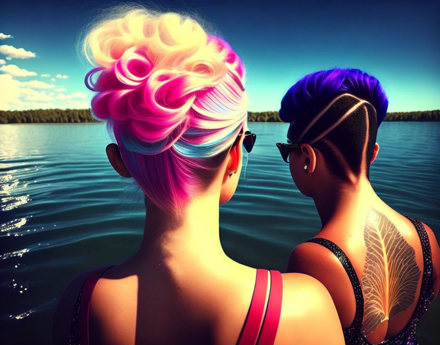 Vibrantly styled hair of two people by a lake